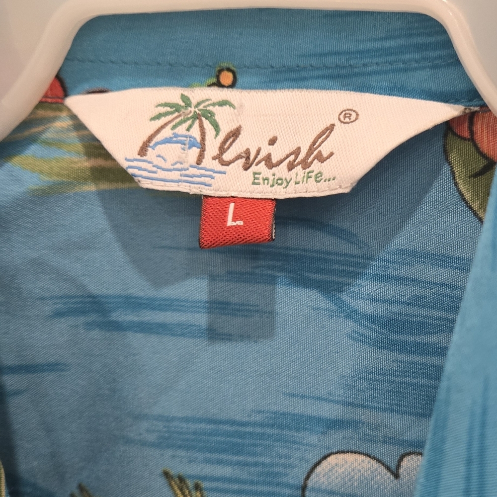 Orange and Blue Button Down Shirt with Tropical Print - Picture 3 of 4